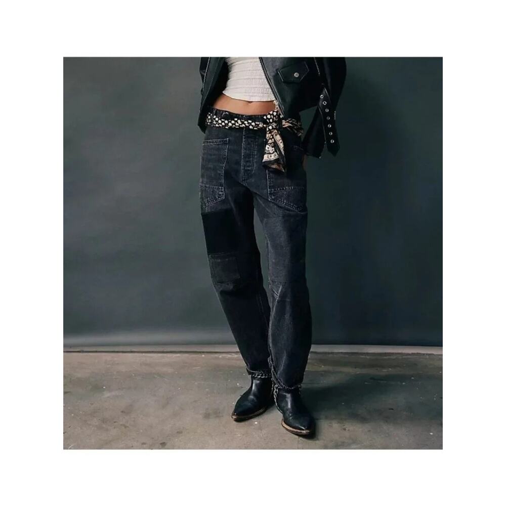 Free People Moxie Low Slung Barrel Jeans Womens 27 Black Patchwork Boho Pants - Picture 9 of 11
